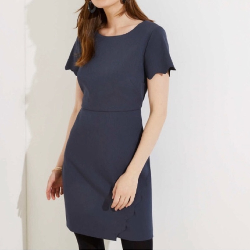 LOFT 0 Gray Work Dress faux wrap skirt, short sleeves, scallop detail
